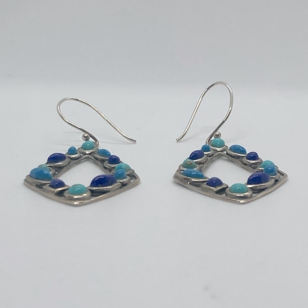 Vtg 925 Sterling Silver & Multi Colour Blue Turqouise Dangle Earrings | 2.2” - Picture 7 of 13